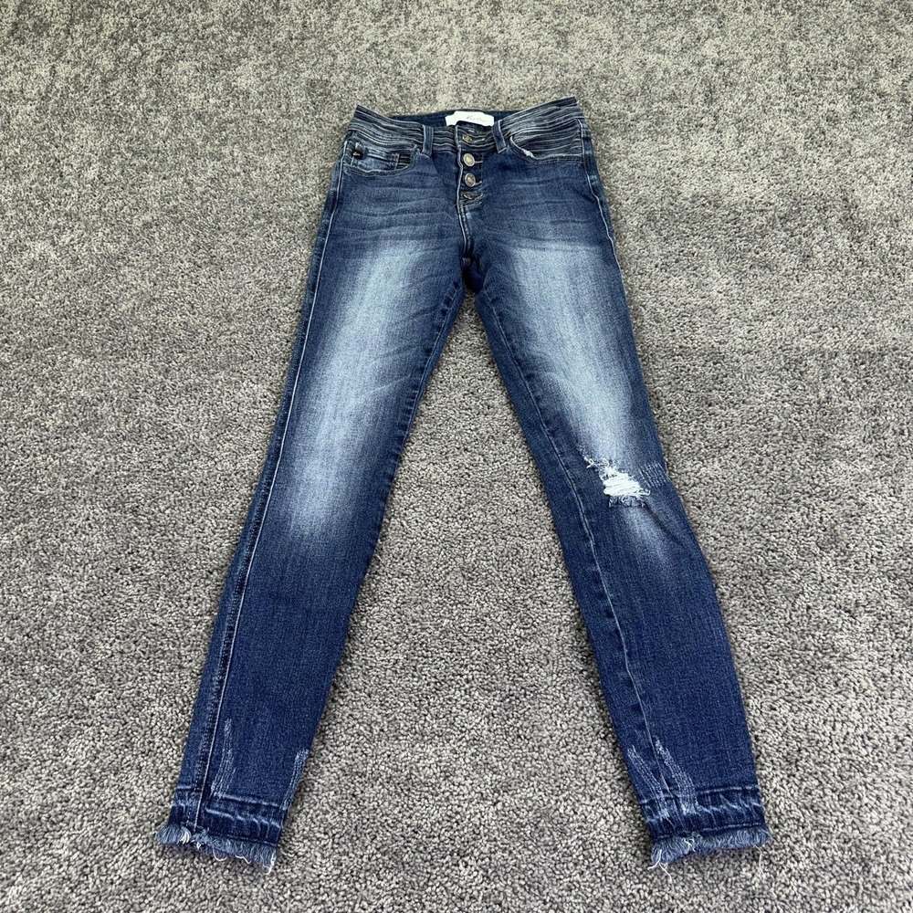 KanCan Jeans Womens 5/26 Blue High Rise Skinny Distressed Fringe Hem Denim